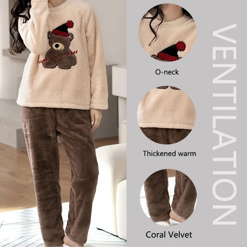 Thickened Warm Large Size Padded Fall and Winter Women's Pajamas Top and Pants Set Coral Velvet Ladies Cartoon Bear 2PCS/Set