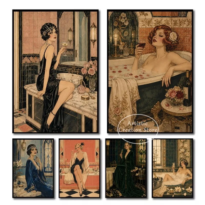 Vintage Luxury 1920s Bathroom Flapper Woman Drinking Wine Poster Canvas Painting Wall Art Pictures Home Toilet Decor