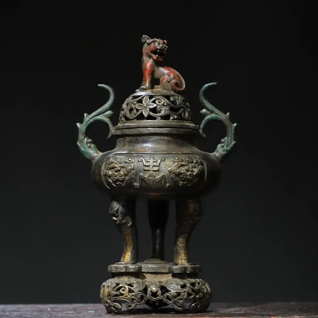 Old Tibetan Copper Tuojin [Lion Cover] Incense Burner Height 24 cm Width 14 cm Diameter 6.5 cm Weight 1.6 kg