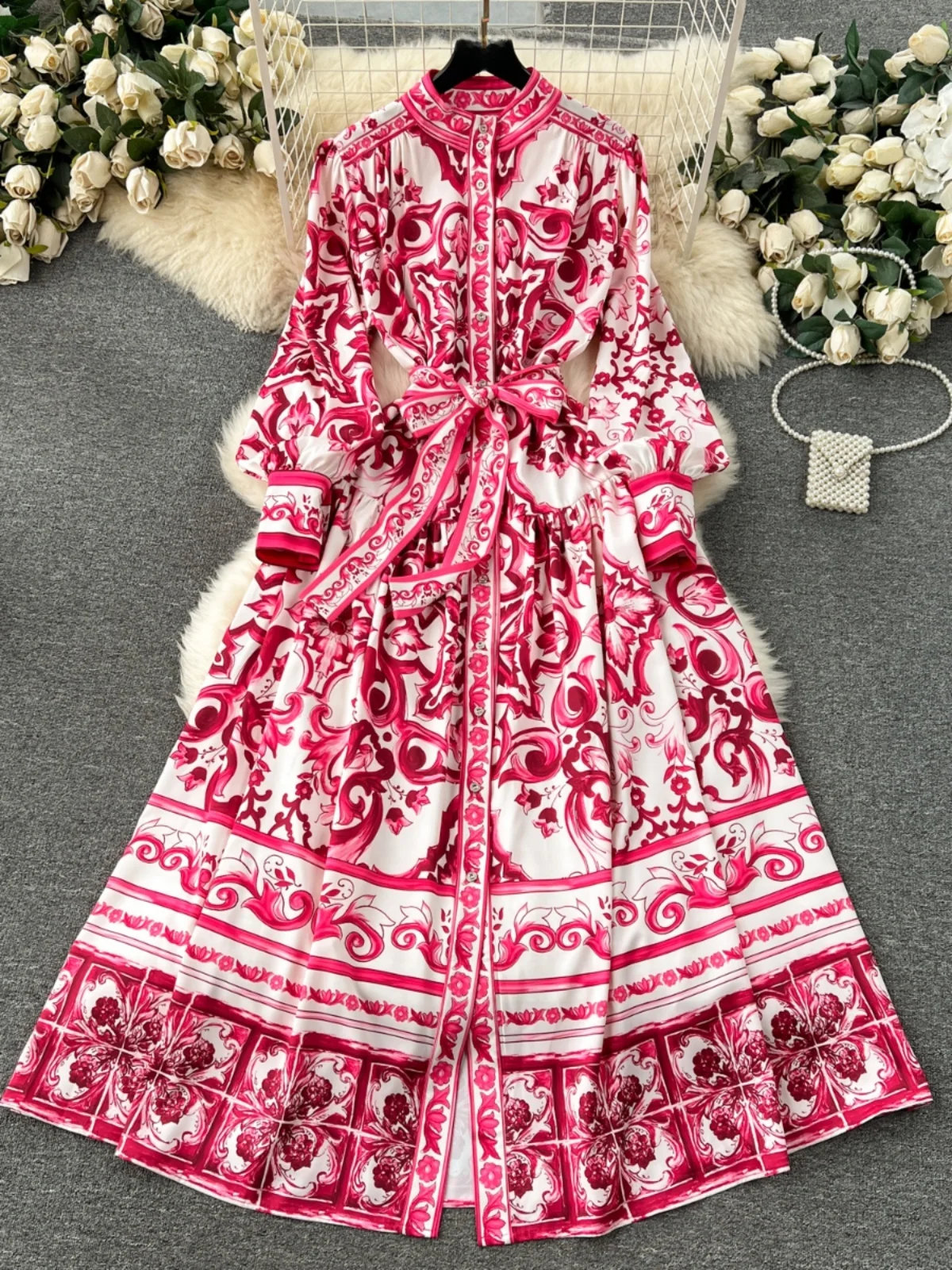 

Ele Court Sle Long Dr Women's Faion Spring Clothing Slim Fit Collar Printed Special Ocn Gown