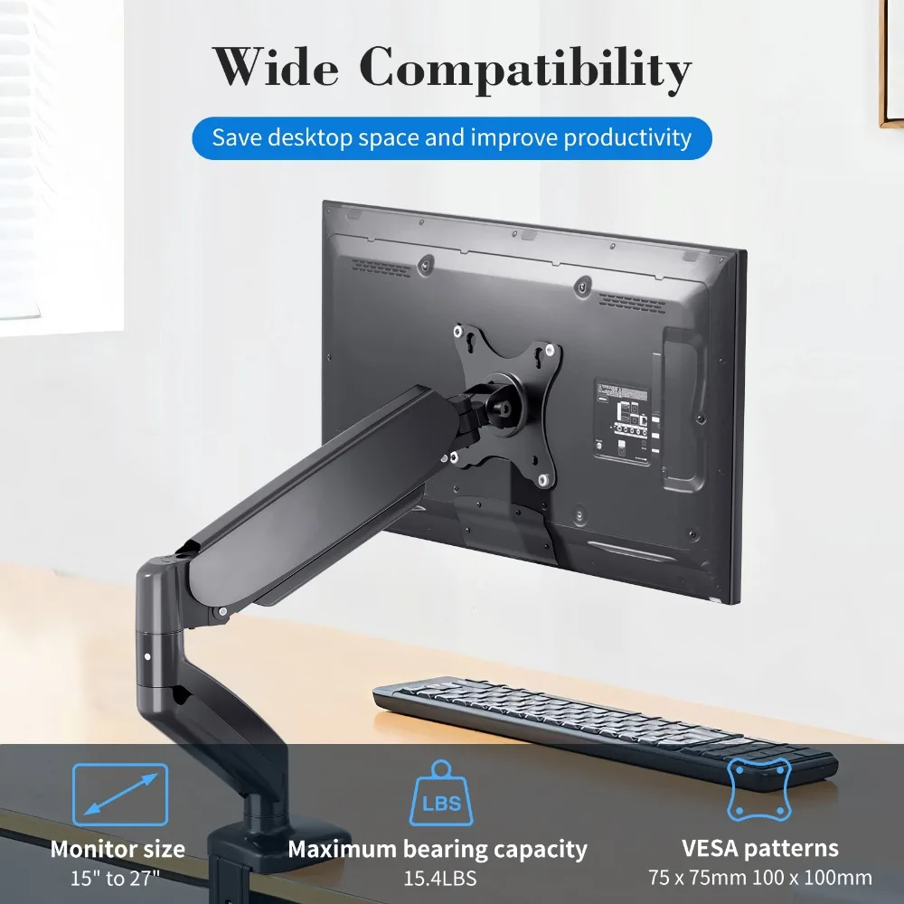 Black Monitor Stand for 15-27 Inch Monitors Weighing Up To 15.4 Pounds, Monitor Arm Adjustable for Desktop Mount