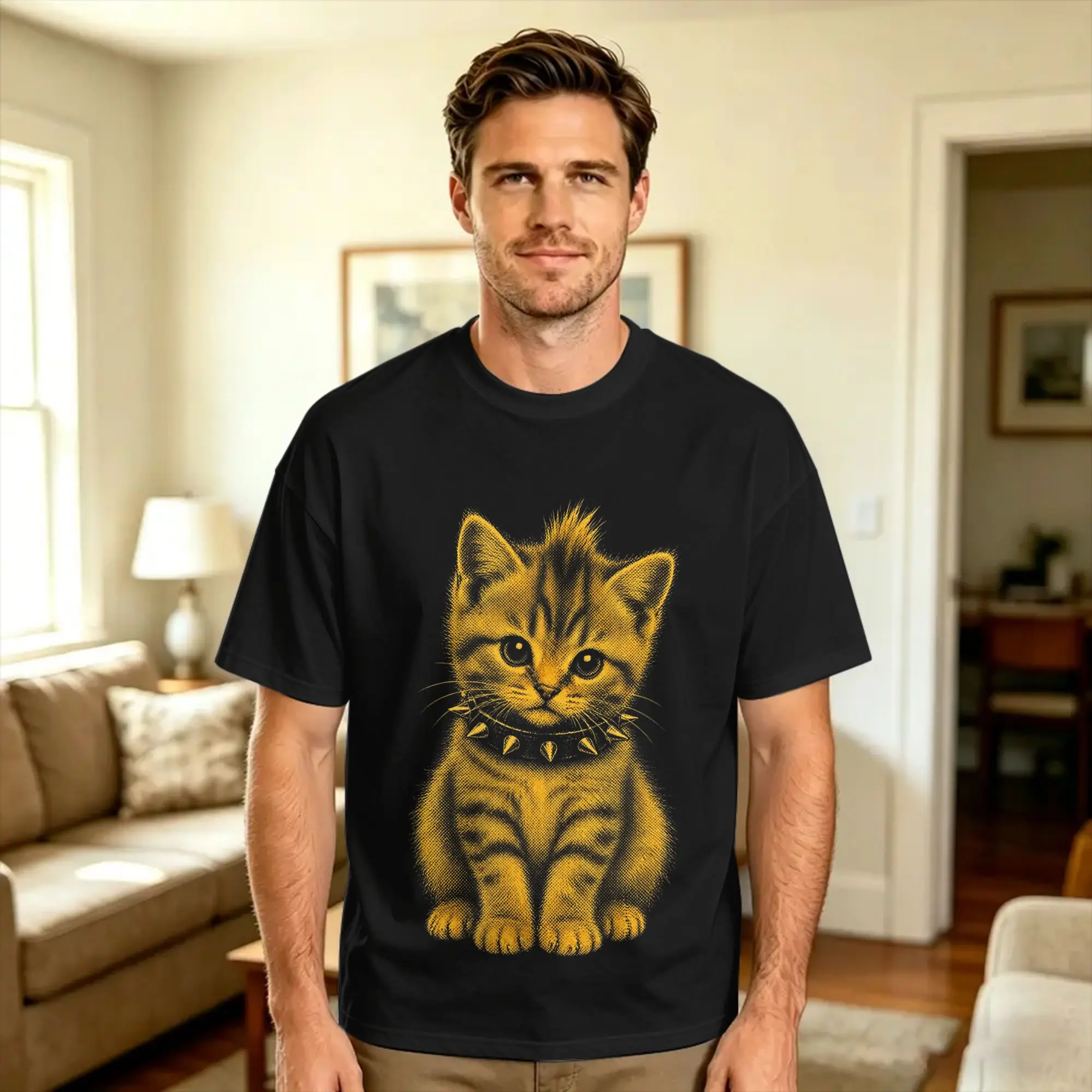 Camiseta Oversize de Algodón con Diseño de Gato Rockero Punk Metal Rock and Roll, Camiseta Novedosa para Hombre, Ropa de Verano