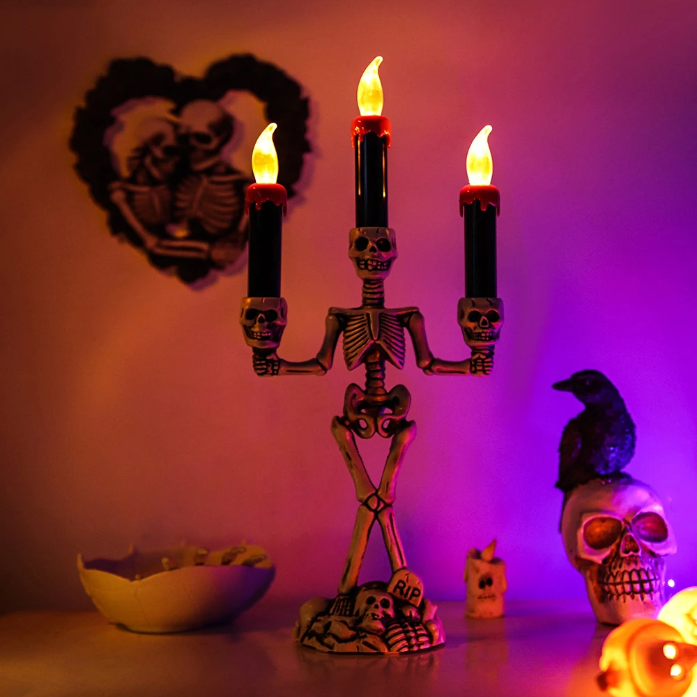 Skull Candlestick LED Halloween candle holders Flameless Candles Holder Stand Horror Props Halloween Decoration House Decor