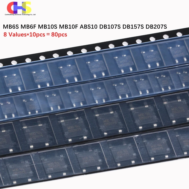 8 Values * 10pcs SMD Paket Komponen Bridge Rectifier Kit MB6S MB6F SOP-4 MB10S MB10F ABS10 DB107S DB157S DB207S