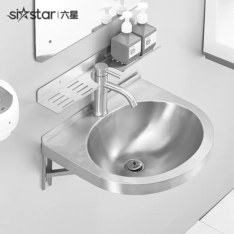 Wall Mounted Stainless Steel 304 Bathroom Wash Basin Kitchen Sink with Triangular Bracket and Top Shelf