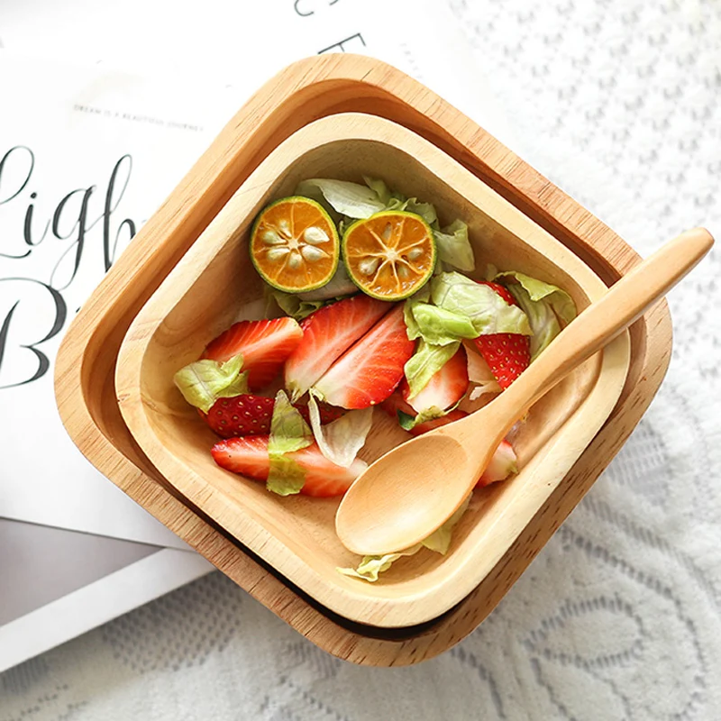 1Pc Square Wood Bowl 4 Size Fruit Salad Bowl Large Small Wooden Plate Snack Dessert Serving Dishes Food Container Wood Tableware