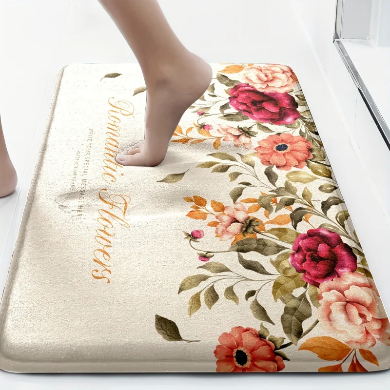 3 pcs/set Romantic Flowers Printed Floor Mat, Three-piece Bathroom Mat Set, Non-slip Mat, Water Absorbent Mat, Toilet Lid Mat, T