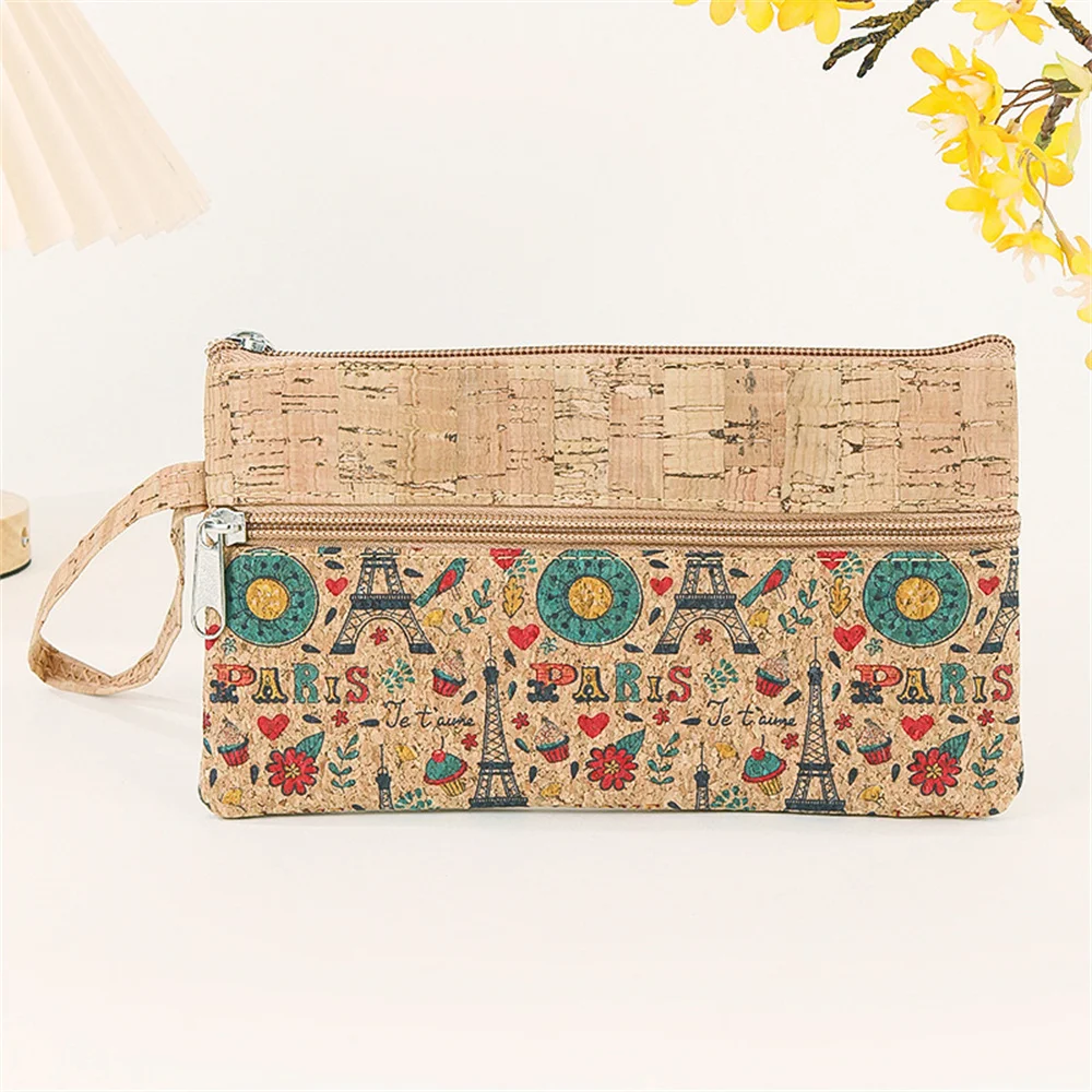 Women Men Cork Print Coin Purse Portable Cell Phone Pouch Mini Wallet Double Layer Zipper Money Bag Key Lipstick Organizer Pouch