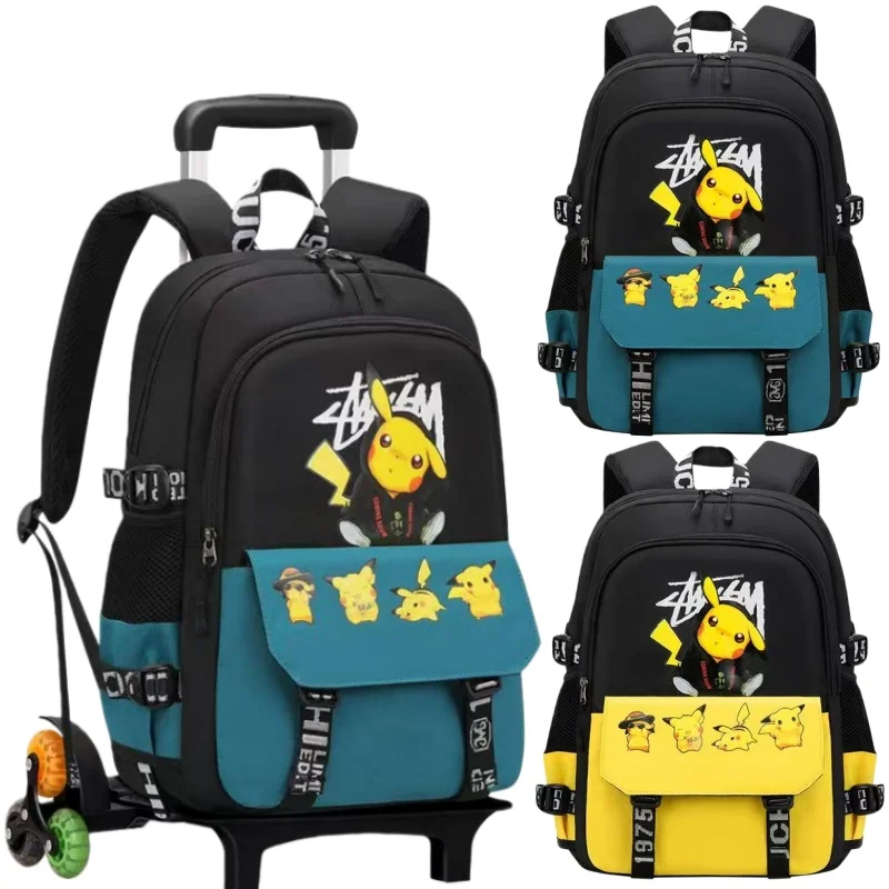 Mochila escolar para niños de Pikachu, bolsa con ruedas de gran capacidad, papelería escolar, cubierta de carrito trepadable de seis ruedas desmontable
