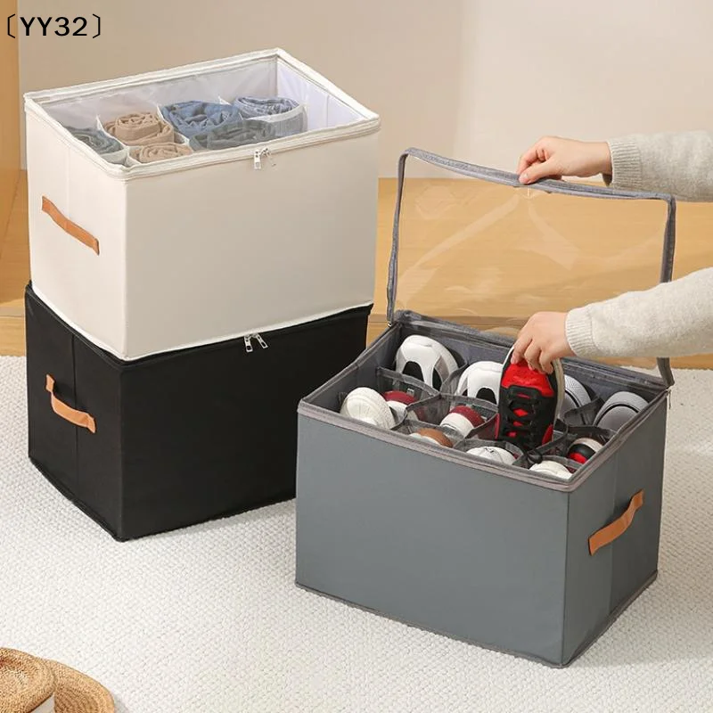 Foldable Fabric Shoe Storage Organizer With Clear Lid 12 Grids Zipper Closure And Handle Perfect Bedroom Sneaker Organiza〔YY32〕