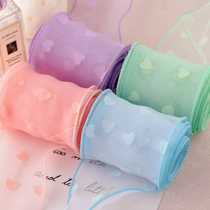 6cm Satin Organza Heart Print Ribbon Wavy Fish Tail Tulle for DIY Hair Bows Crafts Materials  Accessories Flower Gift Packaging