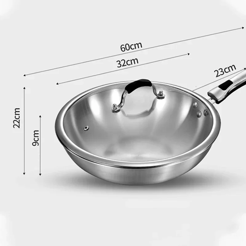 32cm Fume-free Non-stick Pan Wok 304 Stainless Steel Frying Pan with Glass Cover Household Uncoated Wok Cooker Gas Suitable