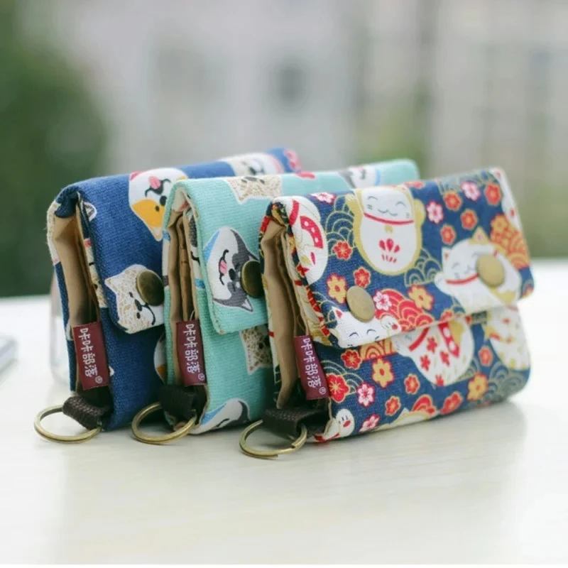 Handmade Three Fold Fabric Wallet Women Men Simple Short Zipper Purses for Teens Personality Multi-function Key Bag Card Holder