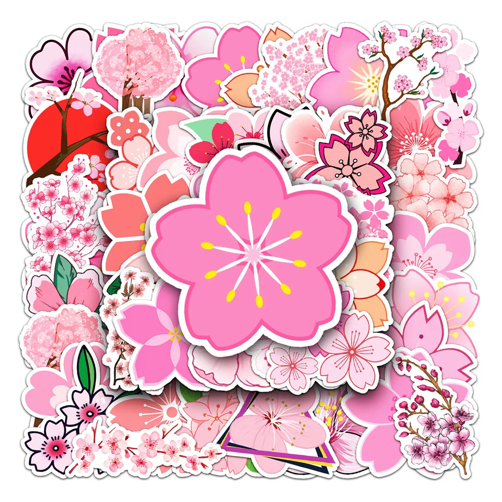 50pcs Cherry Blossom Sakura Stickers For Laptop Scrapbook Ipad Stationery Scrapbooking Material Pink Sticker Craft Supplies