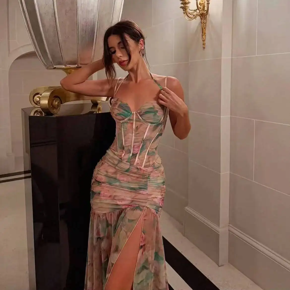 

Women's INS Street Dress Floral Print Halter Dress, Sexy Slit, Underwire Boned Corset, Sleeveless Gown Night Club Party Dress