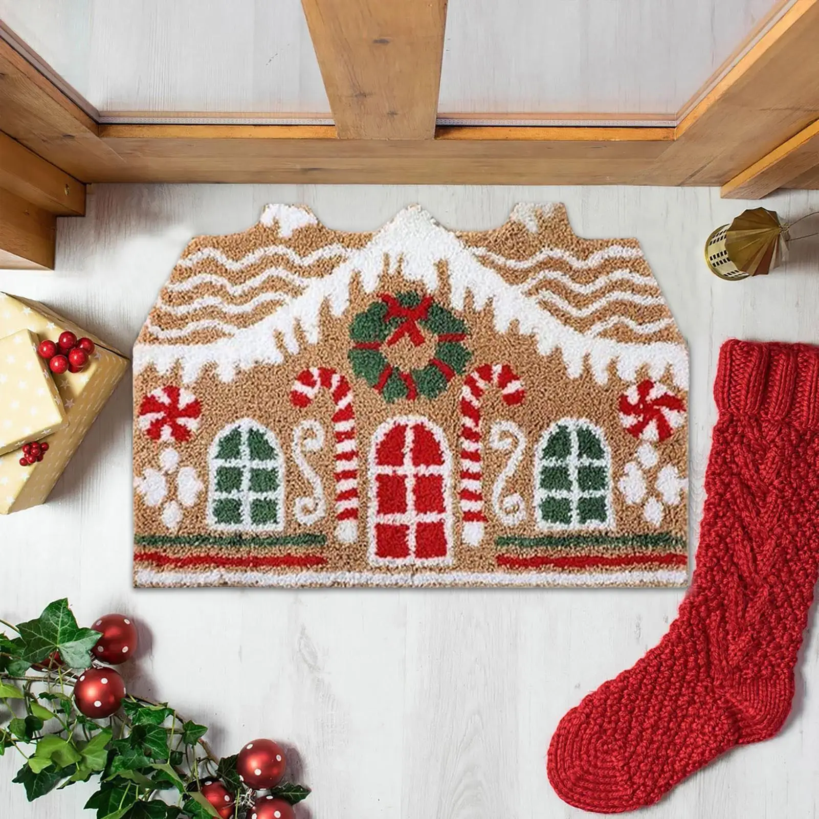 Christmas Entry Rug Indoor Floor Entrance Doormat Gingerbread House Door Mat for Shower Floor Living Room Kitchen Porch Indoor
