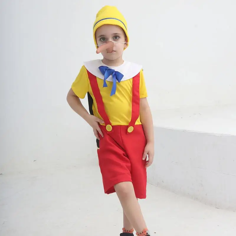 Kids Puppet ForPinocchio Costume Halloween Cosplay Baby Boy's Occasion 3Pcs/Set Hat +Overalls+ Long Nose Stage Show Party