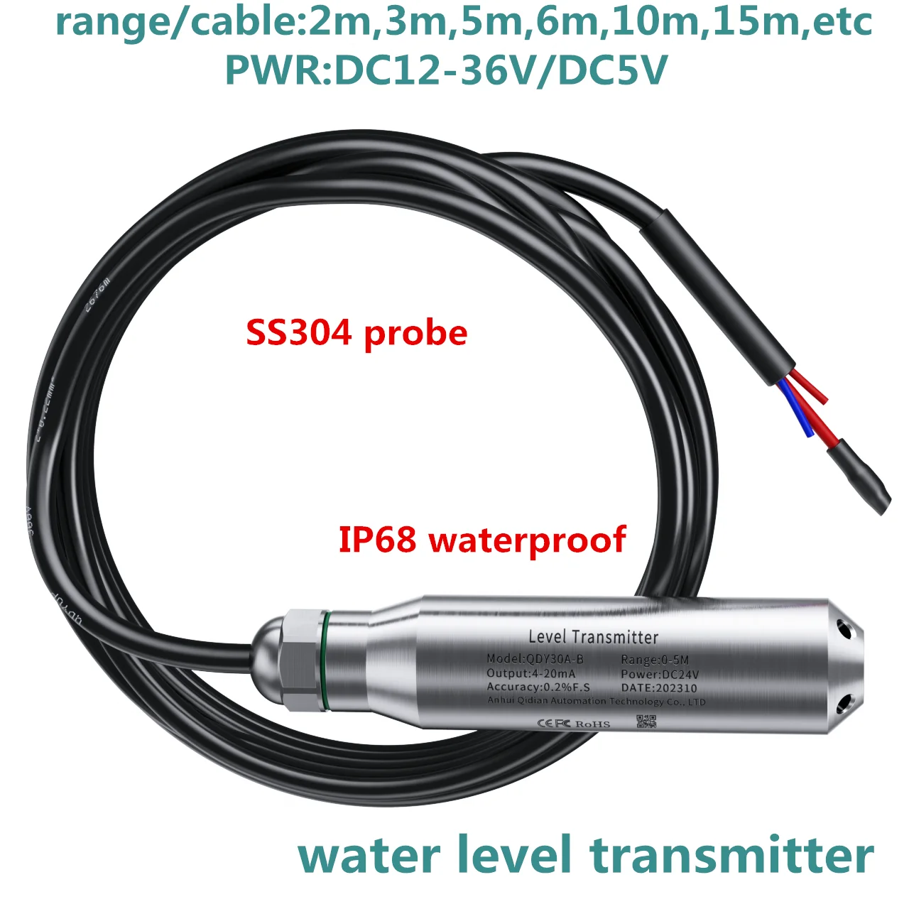 SS304 Level Probe 0-5m 10m Water Level Sensor 4-20mA 0-10V 0-3.3V Liquid Level Transmitter Submersible Water Transmitter