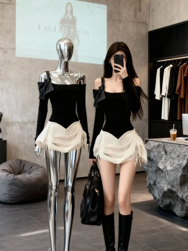 

Женская осенне-зимняя облегающая юбка А-силуэта с бретельками и элегантным дизайном