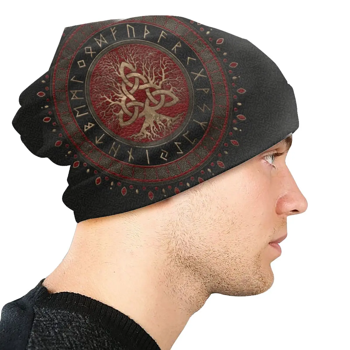 Vikings Beanie Bonnet Knitted Hat Unisex Tree Of Life With Triquetra Black Red Leather Warm Winter Skullies Beanies Cap for Ski