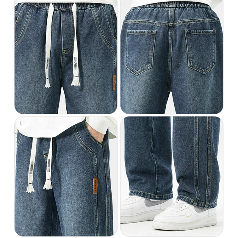 Pantalones vaqueros de algodón de alta calidad para hombre, ropa informal estilo Hip Hop, pantalones vaqueros rectos con cordón, pantalones de pierna ancha Retro para primavera y otoño para jóvenes