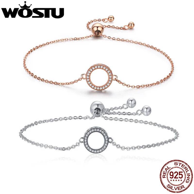 WOSTU Hot Sale 925 Sterling Silver Glittering Round Circle Chain Link Strand Bracelet For Women Sterling Silver Jewelry CQB030