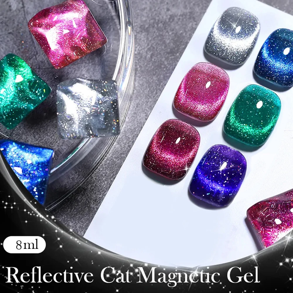 8ML Silver Reflective Cat Magnetic Gel Nail Polish Sparkling Cat' Eye Semi Permanent Soak Off Gel Polish UV LED Manicure Varnish