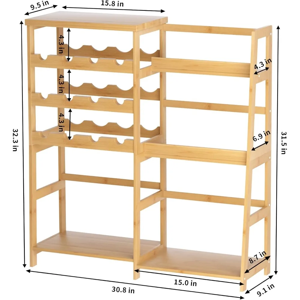 حامل بار منزلي متعدد الاستخدامات مع رف نبيذ شبه منحرف من الخيزران وطاولة صغيرة لعرض زجاجات الخمور على الأرض