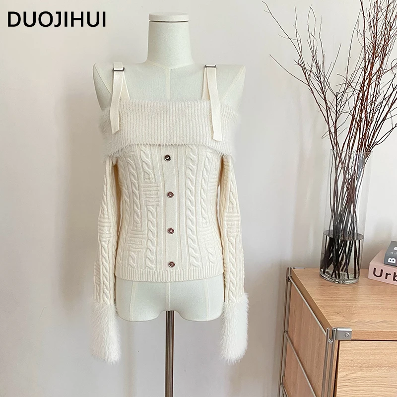 

DUOJIHUI Beige Chic Slash Neck Knit Simple Female Pullovers Fashion Button Long Sleeve Casual Loose Solid Color Women Pullovers