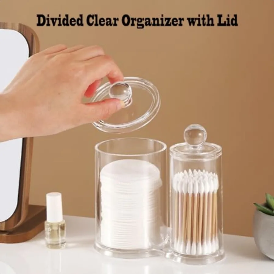 Porta Qtip Contenitore rotondo trasparente Porta batuffoli di cotone con coperchio Porta pennelli per trucco Organizzatore da bagno Organizzatore in acrilico fo