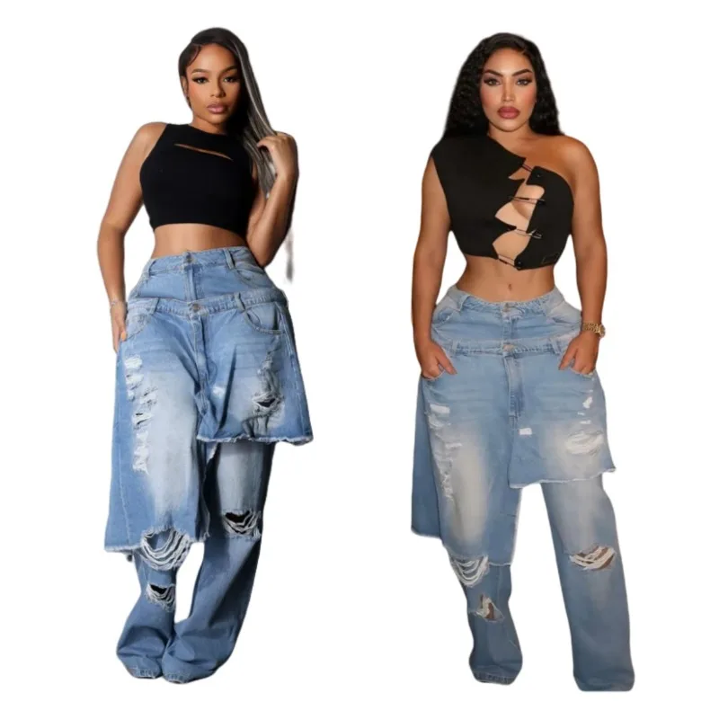 

Straight-leg Trousers Denim Trousers Women's Stretch Overalls Ripped Fashionable Distinctive Casual Versatile Comfortable Niche