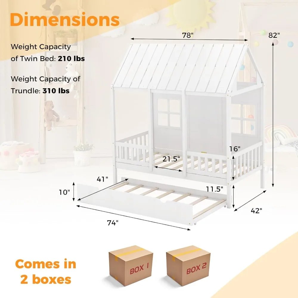 Twin Size House Bed with Trundle, Wood Kid’s House Bed Frame with Roof, Windows, Fence Rails, Beds Frame with Sturdy Beds Slats