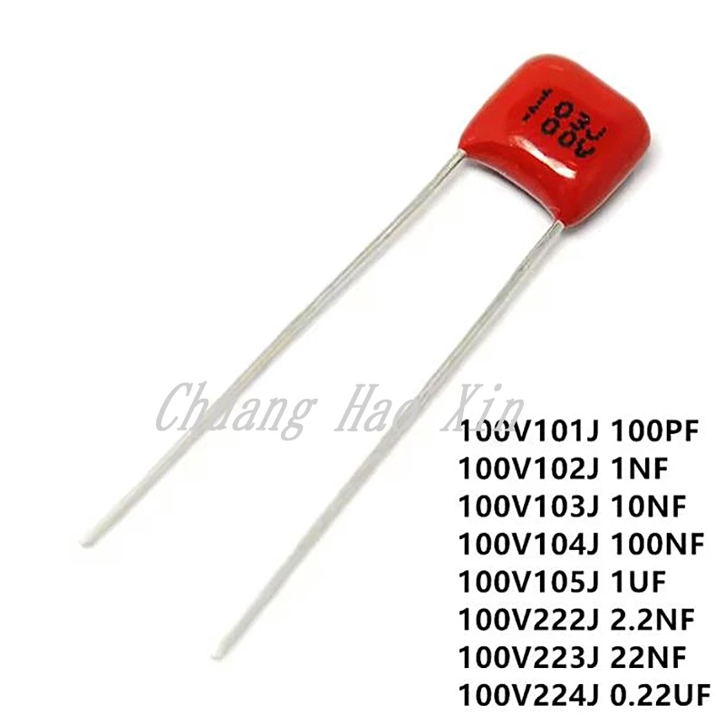 50Pcs 100V 101J 102J 103J 104J 105J 222J 223J 472J 473J 0.01UF 0.1uF 1UF 1NF 2.2NF 4.7NF 10NF 100PF P = 5MM Capacitores CBB P5