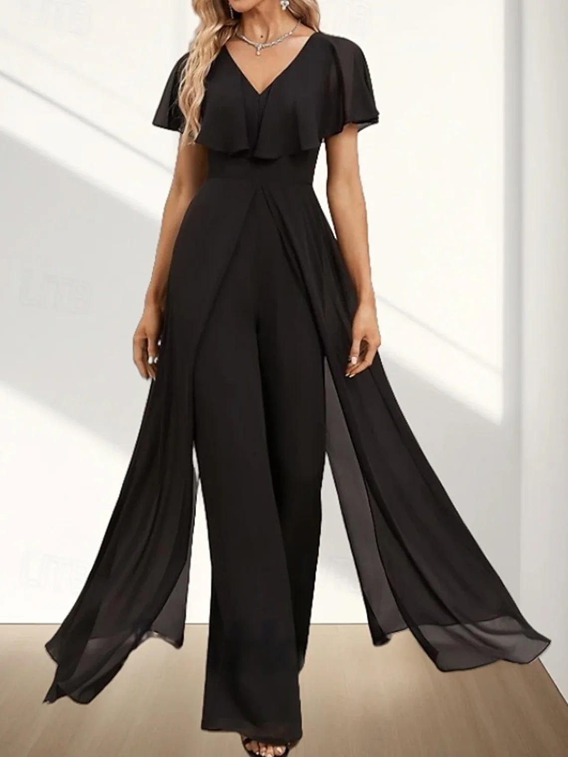 

Elegant Jumpsuits Chiffon Dress V Neck Floor Length Short Sleeves Ruffles Mother of the Bride Gown 2025 free customized