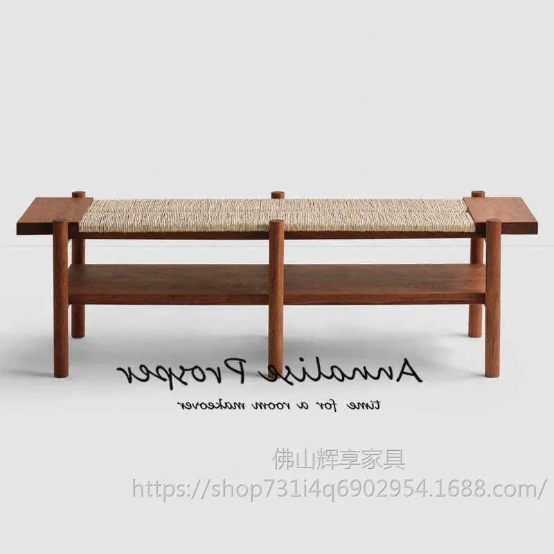 Nordic Solid Wood Woven Wabi Style Bedside Stool Entryway Shoe Changing Bench Designer Homestay Living Room Leisure Tea Stool