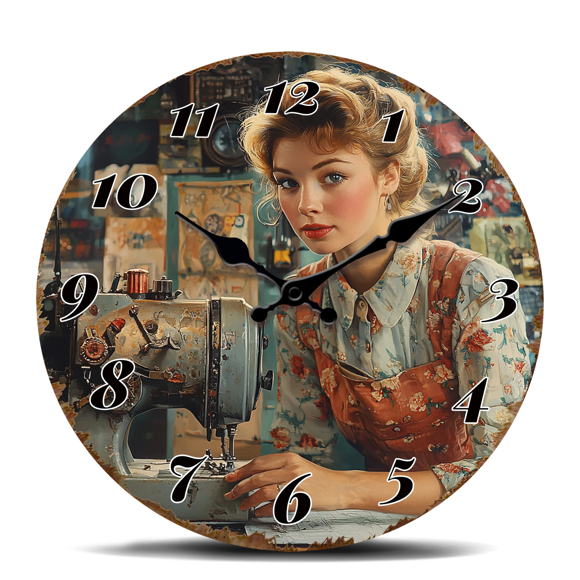 Vintage Wanduhr mit Näherin-Motiv, Retro Schneiderei-Kunstdekor-Uhr, Nostalgische Nähmaschinen-Design Wanduhr für Handwerksräume