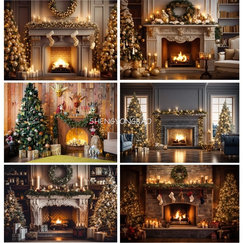 SHENGYONGBAO Christmas Day Fireplace Photography Backdrops Prop Window Living Room Interior Village House Theme Background DR-07