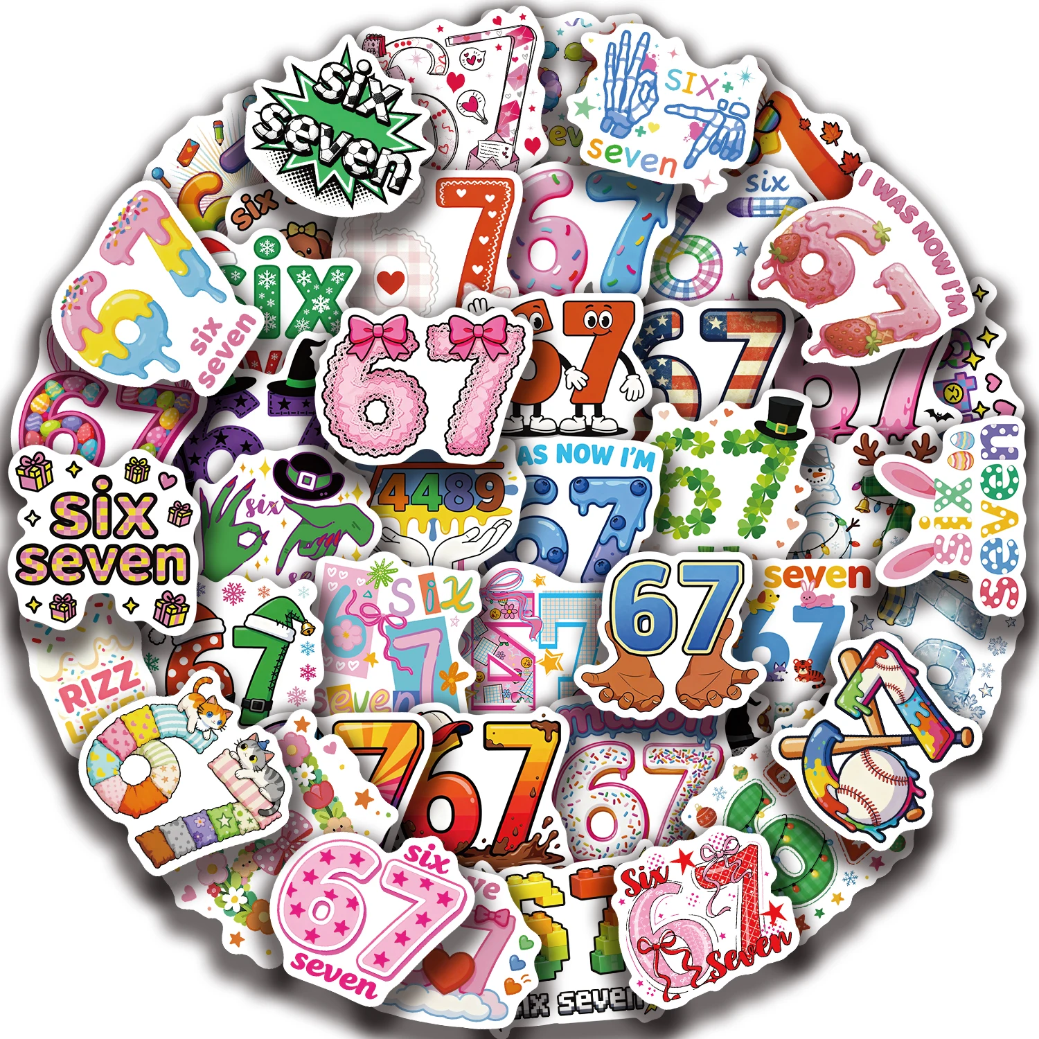 50pcs American numbers Six Seven Cartoon Stickers - Reusable Vinyl Decals for Party Favors, Laptop and Water Bottle