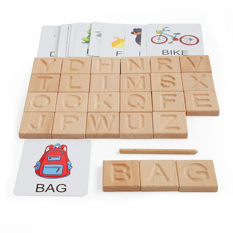 Wood Alphabet Letters Blocks Wooden Montessori Toys Grooved Writing Practice Flashcards Spelling Game English Learning Blind