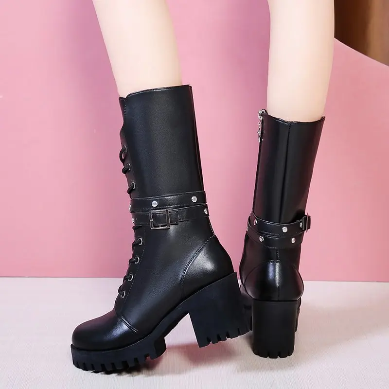 Autumn Winter Women Mid Calf Boots Platform Lace Up Thick High Heel Short Boots Fashion High Heel Leather Botas for Women D325