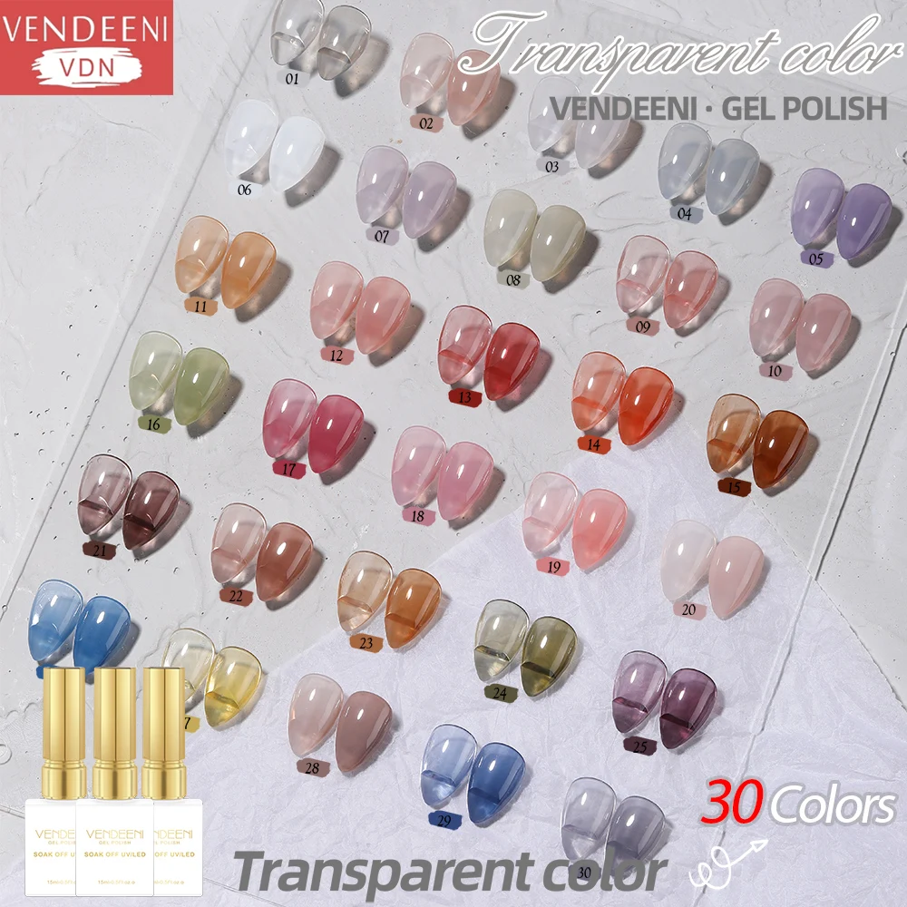 

Vendeeni 30 Color Transparent Gel Nail Polish Dirty Color UV LED Soak Off Gel Varnish Ice Through Jade Nail Art Gel Lacquer 15ml