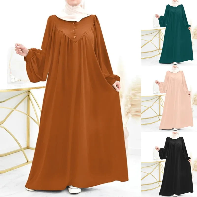 

New Muslim Women's Long Robe Spring and Autumn Fashion Casual Puff Sleeve Simple Solid Color Dress Long Dress
