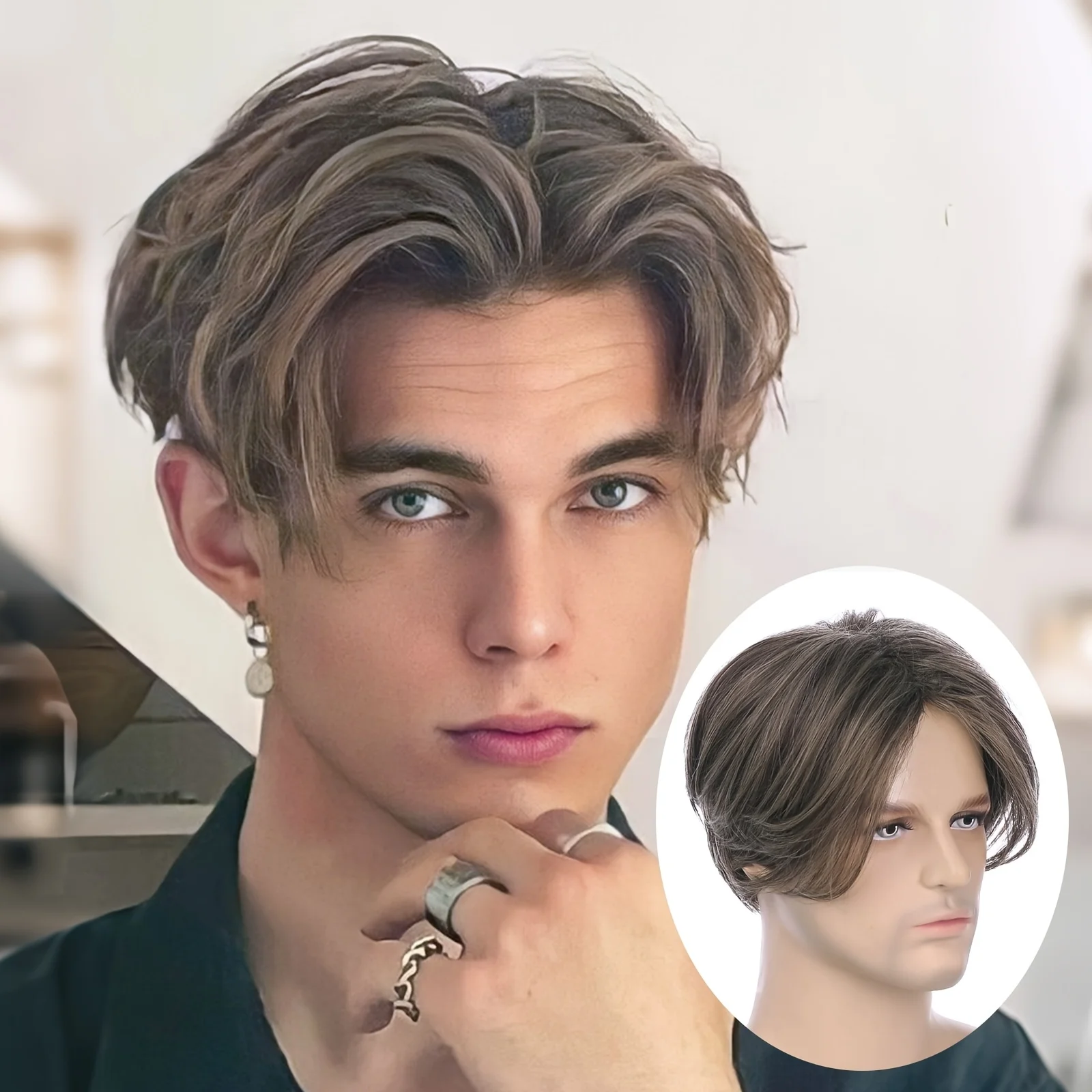 

Men's 12inch Synthetic Wig Features a Short Layered Brown Style with a Center Part Design