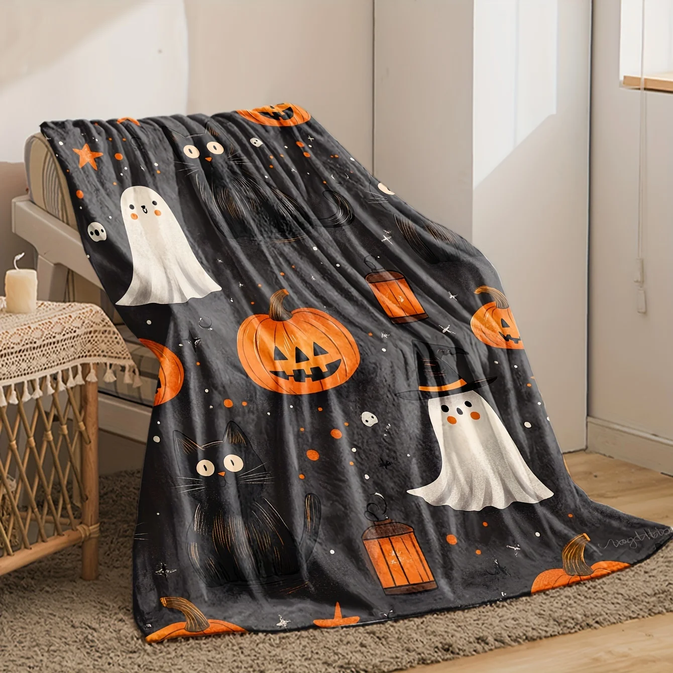 Whimsical Halloween Throw Blanket Cozy Fall Decor Cute Ghost Cat Pumpkin Spooky Autumn Seasonal Gift for Couch and Bed