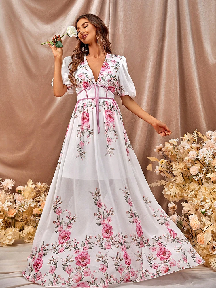 TOLEEN-Robe longue à fleurs pour femmes, jupe florale, élégante, col rond, haute audiplissée, extra longue