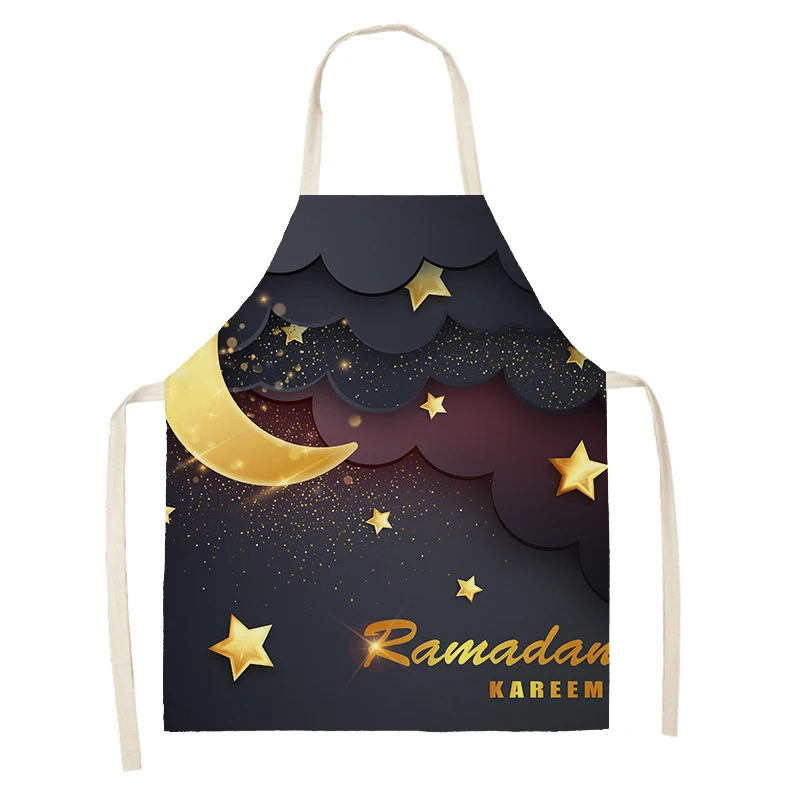 Muslim Eid Mubarak Printed Kitchen Apron For Women Ramadan Kareem Home Cooking Baking Star Crescent Cotton Linen Waist Bib Decor