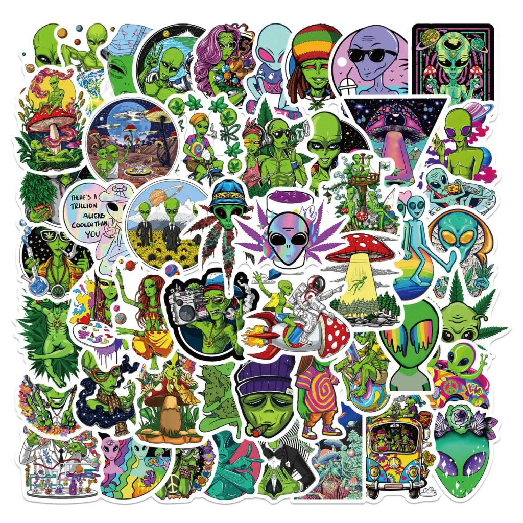 50PCS Psychedelic Weed Alien Sticker Funny Characters Leaves Graffiti Stickers Bike Travel Luggage Guitar Laptop Cool Sticker