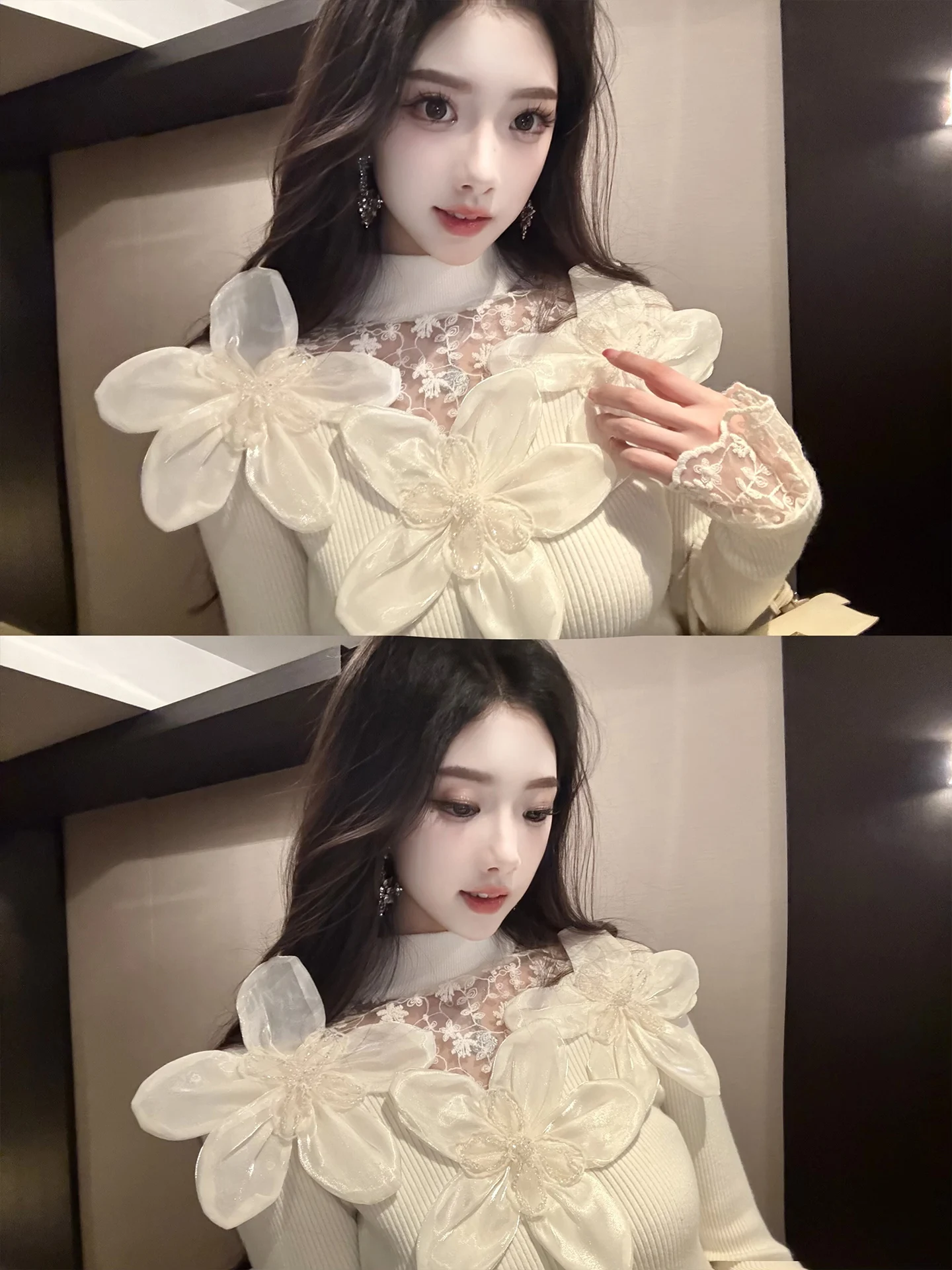 

Романтический вязаный свитер с цветочным узором, кружевными вставками и стразами, универсальный базовый слой, женский длинный зимний свитер