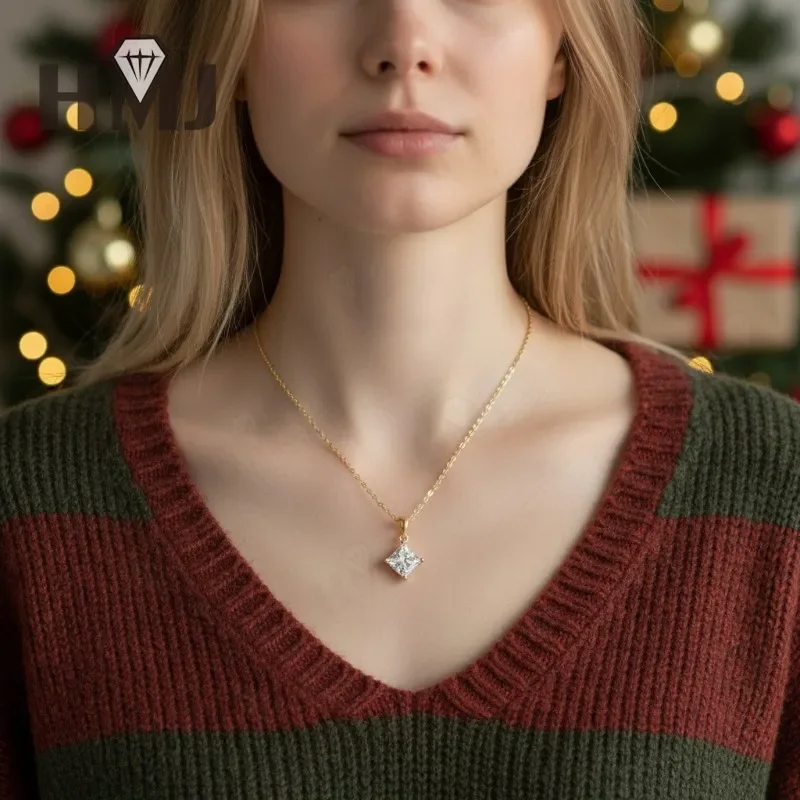 Princess Cut Classic Necklace 1/2/3CT D Color Moissanite S925 Plated White Yellow Rose Gold Chain for Engagement Chrisrmas Charm