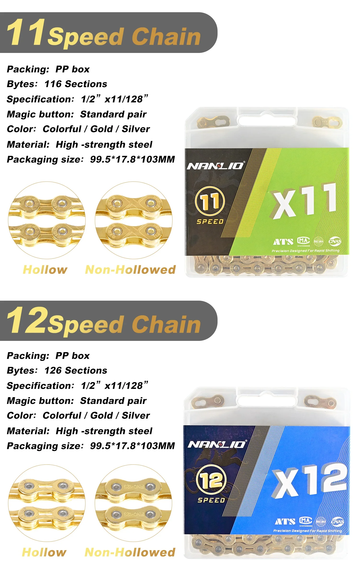 Nanlio X-Serie Fahrradkette 9 10 11 12 Gang Vollhohl Ultraleicht 116L MTB Rennradkette Gold Silber Regenbogen Galvanisiert – Detail 12